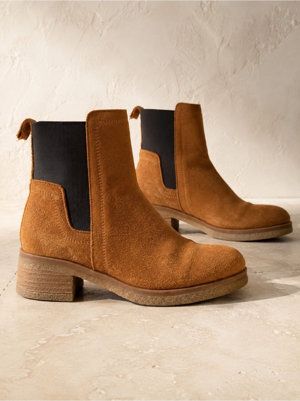 Avellini Suede Chelsea Ankle Boots Cognac Tan Chunky Heel 6.5 - Picture 4 of 16